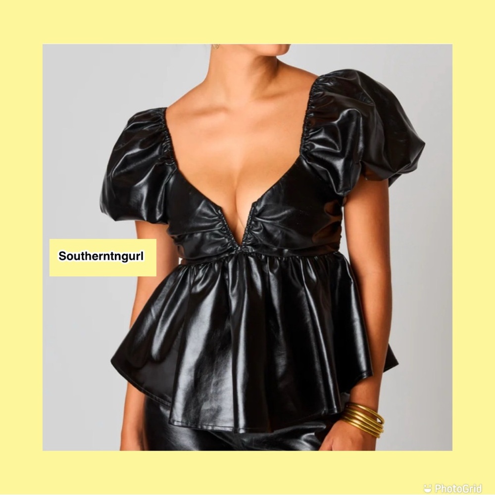 NWT  BUDDY  LOVE  Houston Puff Sleeve Faux Leather Top Blouse Shirt